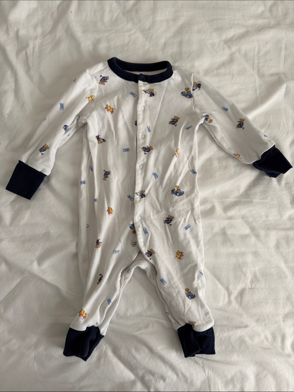 White and Navy Baby One-Piece Sleeper with Character Print 3-6 months